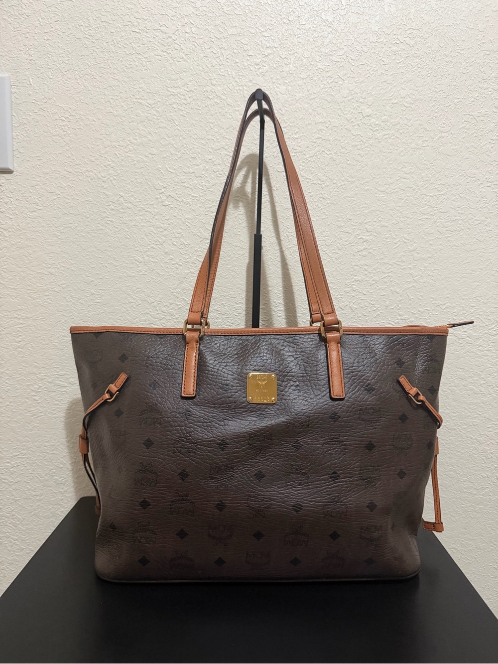 MCM Brown Tote with Tan Trim and Gold Plaque
